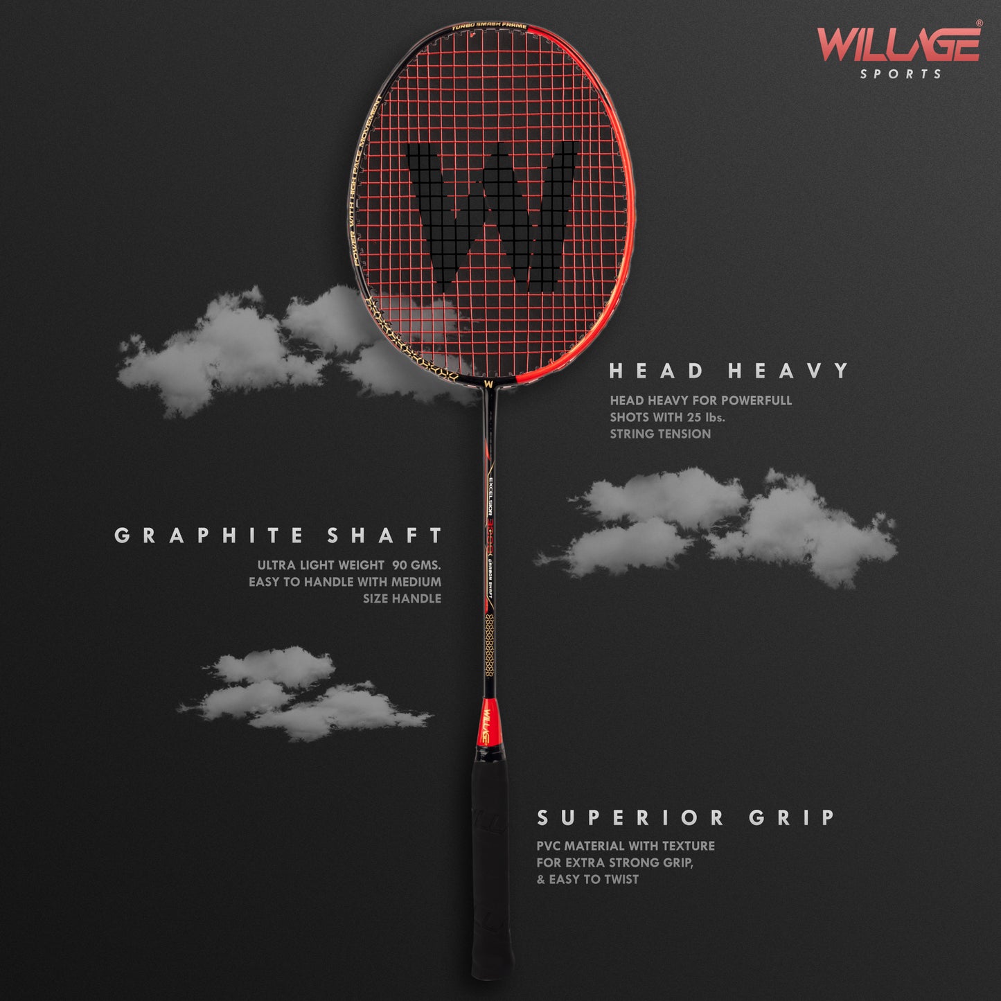 Willage Badminton Racket Graphite Shaft (Without T joint) | Excelsior 3000 Red
